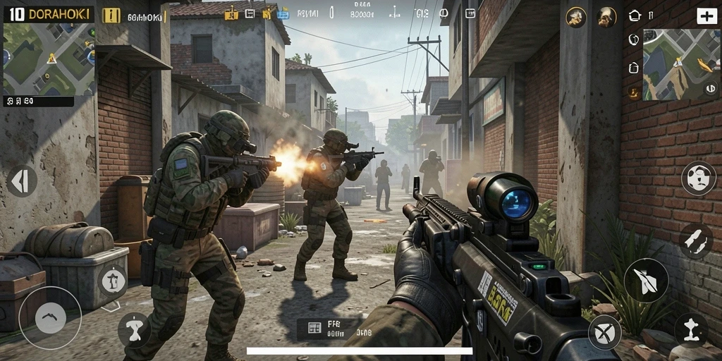 Gameplay intens DORAHOKI di tengah pertempuran FPS.