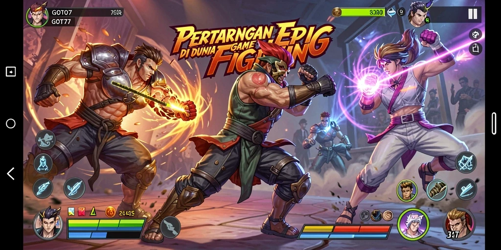 Screenshot GOTO77 menampilkan pertarungan seru dengan karakter bertarung.