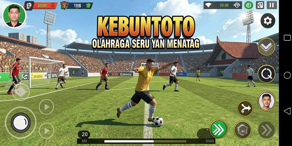 Screenshot utama KEBUNTOTO menampilkan aksi seru dalam pertandingan olahraga.