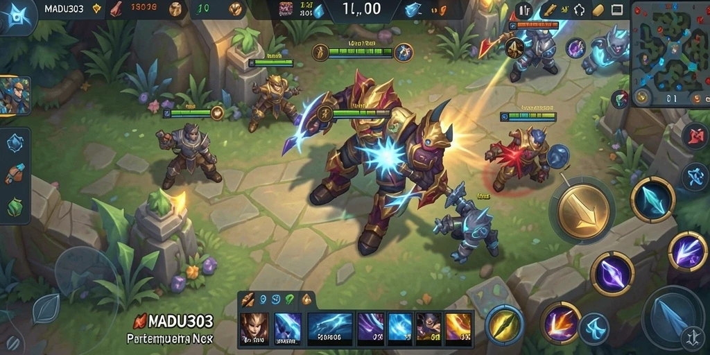 Screenshot gameplay MADU303 dengan aksi pertempuran MOBA yang mendebarkan.